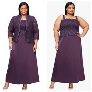 Alex Evenings 2 PC Set Satin Maxi Dress Gown Lace Jacket Womens Sz 16 Purple